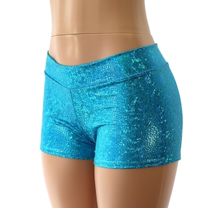 20 COLORS! Mid Rise Booty Shorts in a Shiny Holographic Mosaic Foil. Child, Adult, Plus Sizes!  Orange, Gold, Blue, Black, Pink, Red, Silver