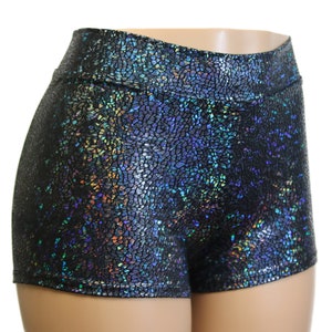 20 Colors! High Waist Mosaic Holographic Booty Shorts.  Red, green, blue, gold, orange, red, black, white, silver, hot pink, purple.