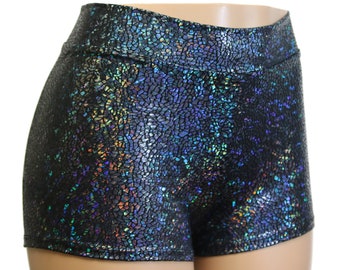 20 Colors! High Waist Mosaic Holographic Booty Shorts.  Red, green, blue, gold, orange, red, black, white, silver, hot pink, purple.
