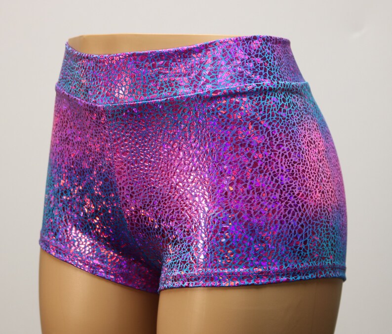 purple metallic booty shorts