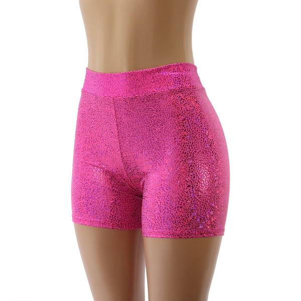 Sparkly Hot Pink Hologram High Waist Biker Booty Shorts - Youth, Adult, and Plus Sizes - Blacklight Glow Parties, Raves, and Festivals!