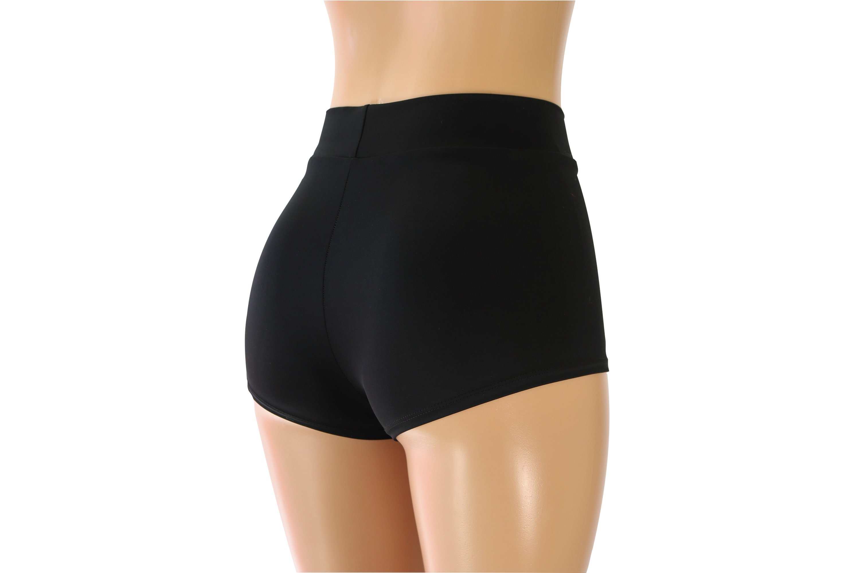 Black Matte Tricot Spandex. Sexy High Waist Cheeky Booty Shorts. Adult and Plus Sizes!