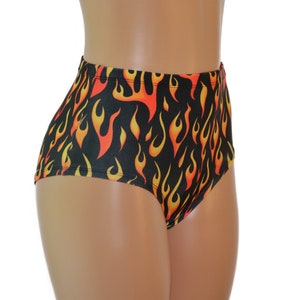 May include: High-waisted black underwear with a flame pattern in orange and yellow.