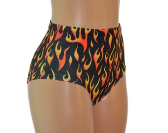 Fire Flames High Waist Cheeky Bikini Briefs -  Orange and Yellow Flames on Black Spandex. Great for Pole Dancer, Raves, and Festivals!