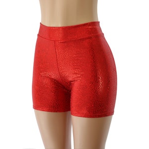 Shorts de motociclista de cintura alta con holograma rojo brillante (tallas para adultos, niños y tallas grandes) ideales para patinaje, conciertos, discotecas y yoga.