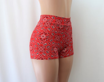 Red Bandana Paisley Booty Shorts.  High Waist in Adult and Plus Sizes.
