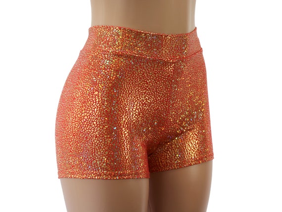 Red and Gold High Waist Booty Shorts. Child, Adult, and Plus Sizes