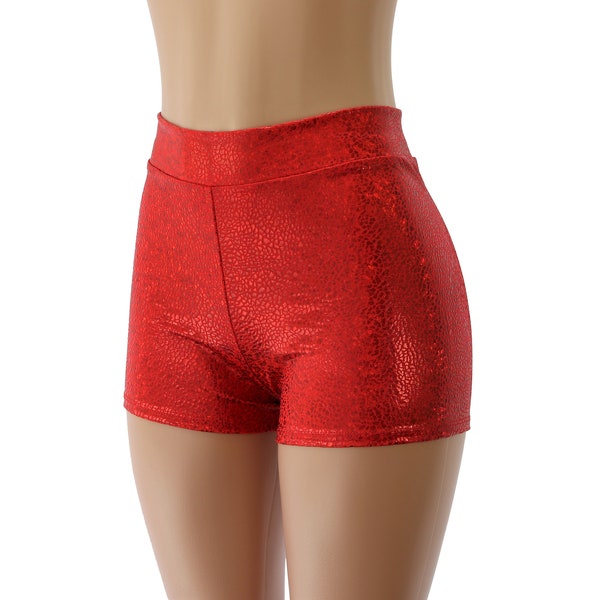 Red Mosaic Hologram High Waist Booty Shorts -  Child, Adult, and Plus Sizes -  Great for Concerts, Roller Derby, Disco Parties, Raves, Dance