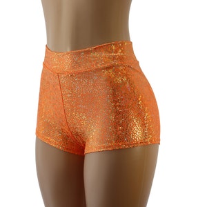 Neon Orange Gold Cintura Alta Cheeky Booty Shorts - Reativo à Luz Negra UV! Ótimo para Festivais, Comic Cons, Fantasias, Raves, Glow Parties