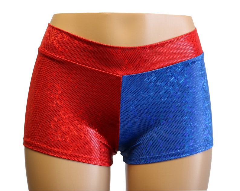 Red and Blue Hologram Mid Rise Booty Shorts Great for Roller Derby, Cheer, Workouts, Yoga, Festivals, Clubs, Streetwear... image 2