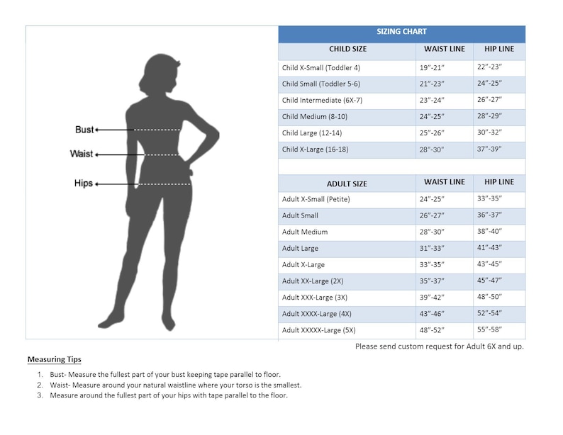 Pu&ograve; includere: Tabella delle taglie per abbigliamento con misure in pollici per vita e fianchi. La tabella include taglie per bambini e adulti, con categorie separate per taglie petite e taglie plus.