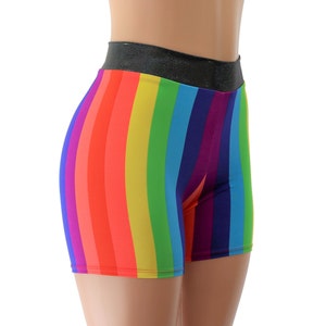 Colorful Rainbow Stripe High Waist Long Biker Booty Shorts for Child, Adult, and Plus Sizes