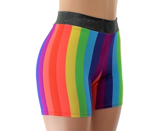 Colorful Rainbow Stripe High Waist Long Biker Booty Shorts for Child, Adult, and Plus Sizes
