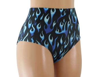 Blue Fire Flames High Waist Cheeky Bikini Briefs.