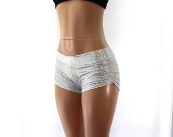¡20 colores! Shorts fruncidos de spandex holográfico de tiro medio – Ideales para fiestas, bailes, pole dance y eventos especiales – Tallas para niños, adultos y tallas grandes.