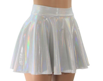 May include: A silver iridescent mini skirt with a flared silhouette.