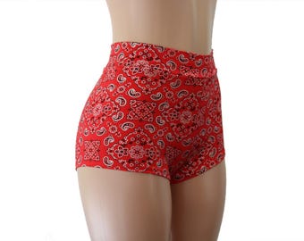Red Bandana Paisley Spandex Booty Shorts.  High Waist and Cheeky in Adult and Plus Sizes.