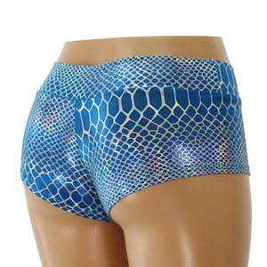 Silver Snakeskin Booty Shorts – Low Rise Cheeky Fit | Royal Blue, Purple | Metallic Spandex | Limited Quantities