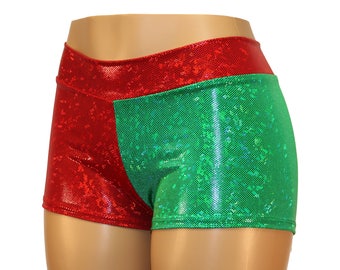 Red and Green Sparkly Hologram Mid Rise Booty Shorts - Youth, Adult, and Plus Sizes - Great for Christmas Outfits, Cosplay, Festivals..