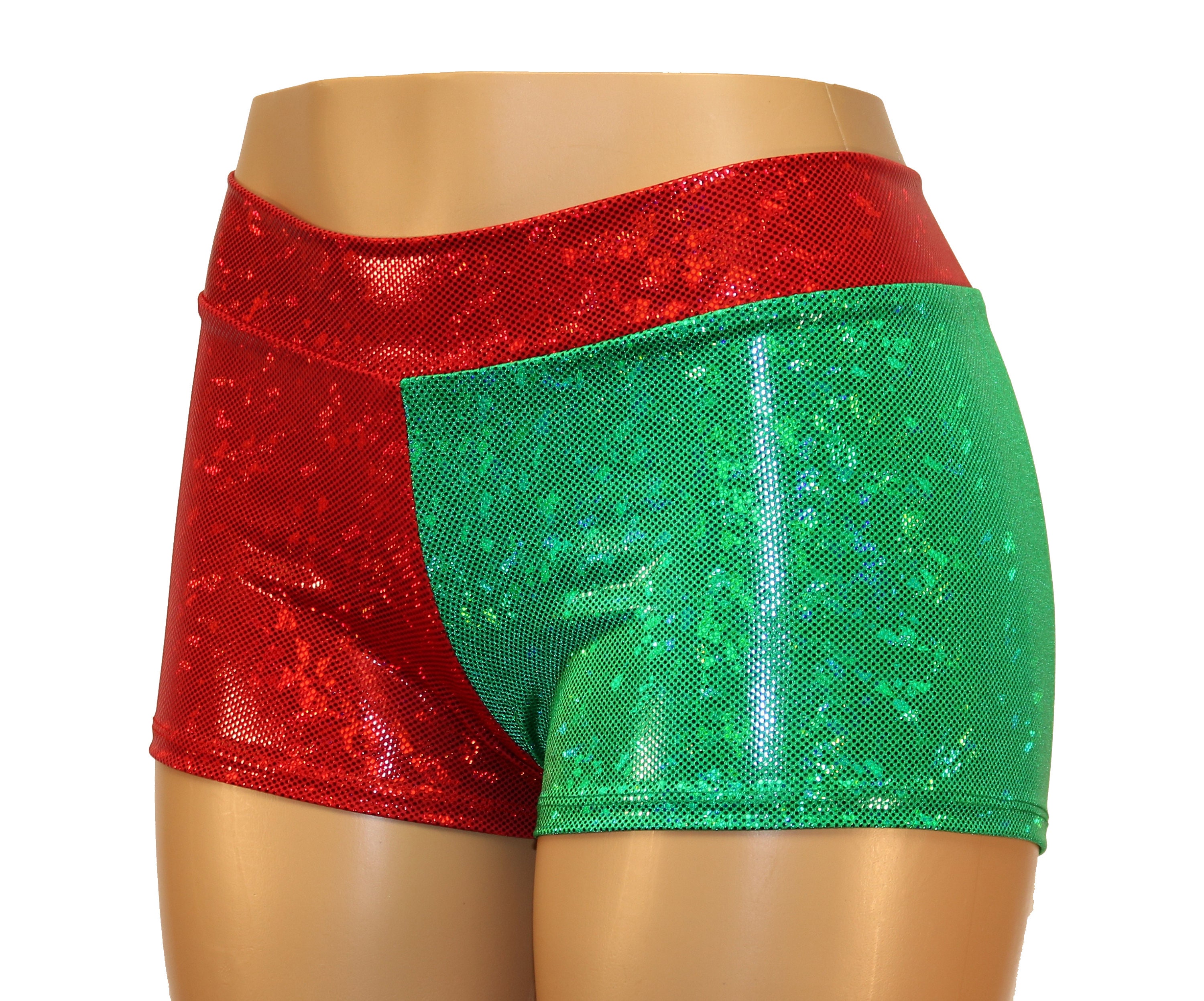 Red and Green Booty Shorts. Shiny 
