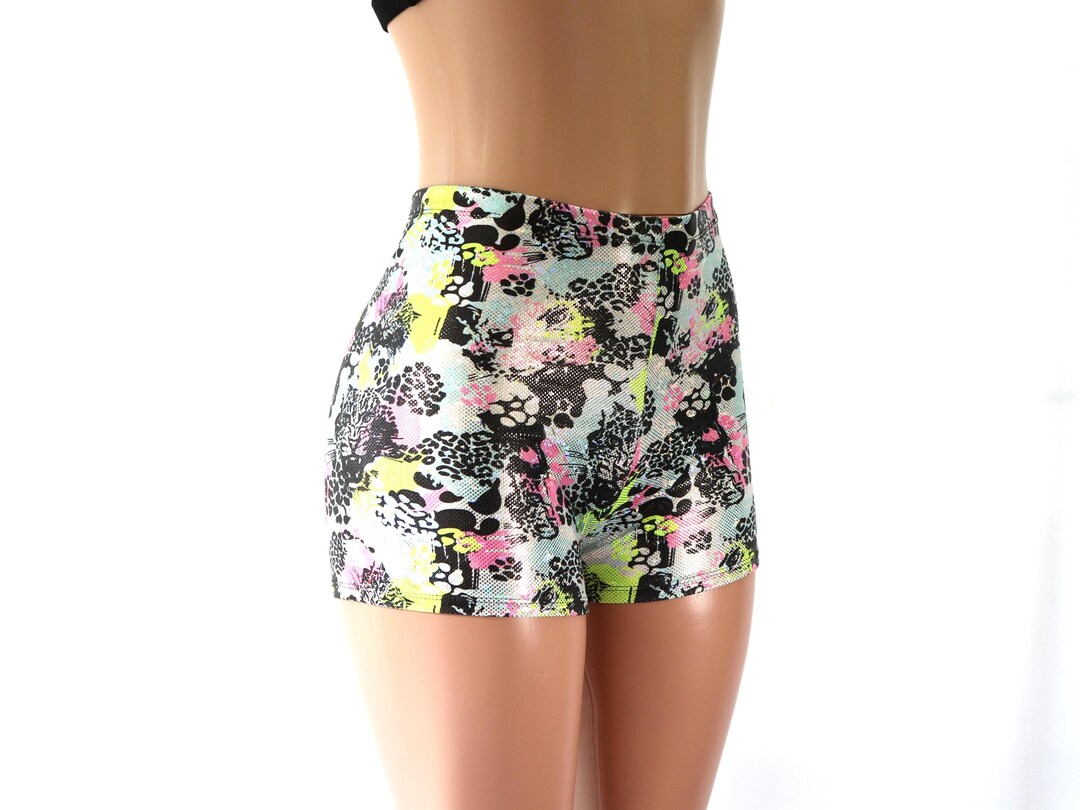 High Waisted Neon Leopard Paw Print Booty Shorts - Rave, Dance