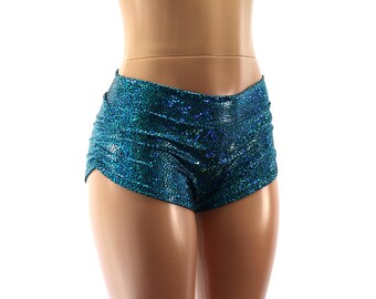 20 Farben - Mid Rise Freche holografische, geraffte Booty Shorts - Ideal für Rave, Pole, Festival & Tanz - Erwachsene und Übergrößen -