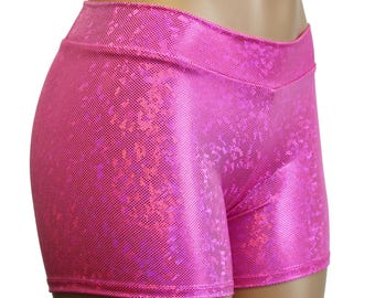 Hot Pink Holographic Longer Booty Shorts. Mid Rise or High Waist.