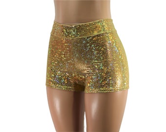 High Waisted Sparkly Gold Hologram Booty Shorts - Child, Adult and Plus Sizes - Great for Pole Fitness, Yoga Workout, Raves, and Festivals!