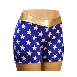 Blue and White Stars Spandex Biker Booty Shorts with a Gold Metallic Waistband!   Adult, Toddler, Child, and Plus Sizes.