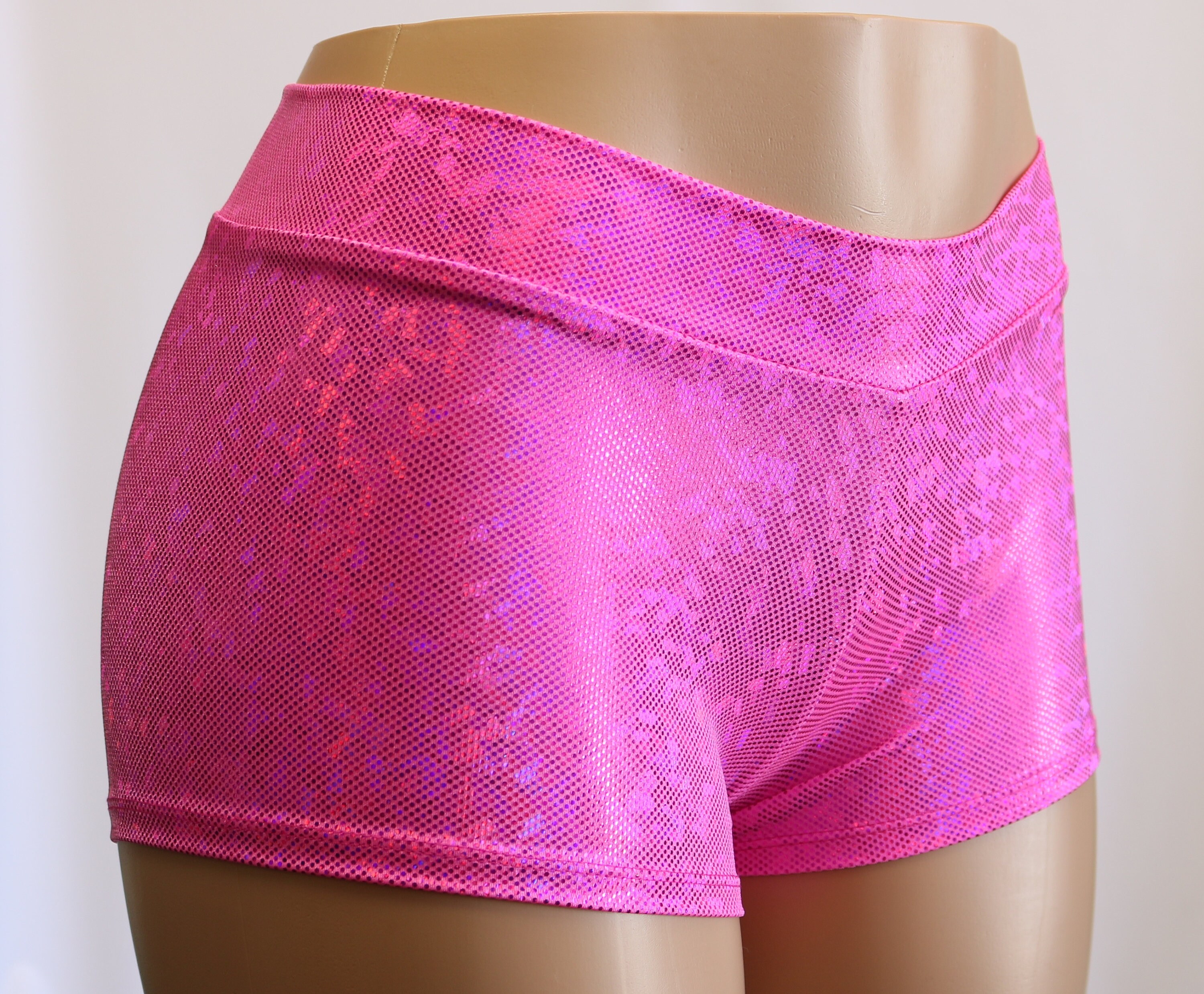 Hot Pink Prism Hologram Spandex Mid Rise Booty Shorts Rave Etsy