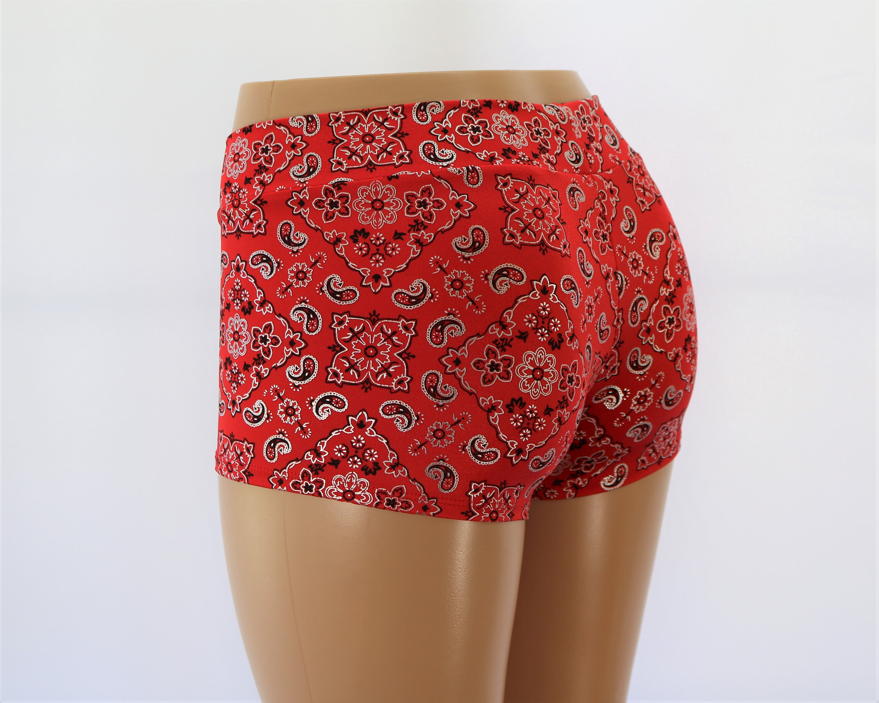 Red Bandana Paisley Booty Shorts. Mid 