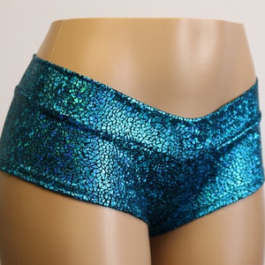 Turquoise and Black Mosaic Hologram Cheeky Low Rise Booty Shorts.