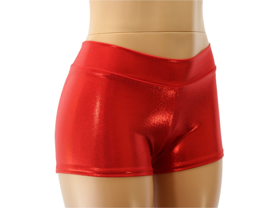 Sparkly Red Spandex Mid Rise Booty Shorts. Child, Adult, and Plus