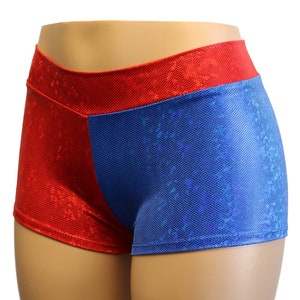 Red and Blue Hologram Mid Rise Booty Shorts Great for Roller Derby, Cheer, Workouts, Yoga, Festivals, Clubs, Streetwear... image 3