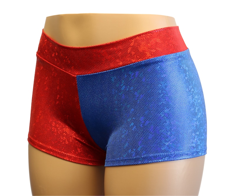 Red and Blue Hologram Mid Rise Booty Shorts Great for Roller Derby, Cheer, Workouts, Yoga, Festivals, Clubs, Streetwear... image 3