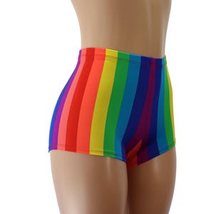 May include: Rainbow striped high-waisted shorts with a fitted silhouette.