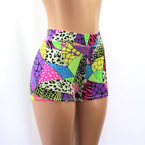 Neon Geometric Patchwork Spandex Shorts – UV Rave, Cosplay, Festival