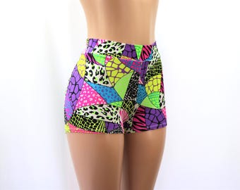 Neon Geometric Patchwork Spandex Shorts – UV Rave, Cosplay, Festival