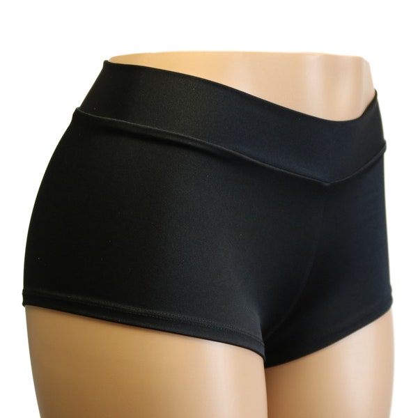 Black Matte Tricot Spandex Mid Rise Cheeky Booty Shorts -  Adult and Plus Sizes - Pole Dancer, Rave Bottoms, Festivals, Yoga Fitness