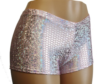 Silver and Pink Mermaid Mid Rise Booty Shorts.  Child, Adult, and Plus Sizes.