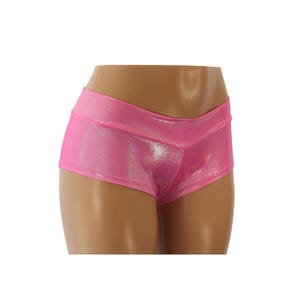 Neon Pink Hologram Low Rise Cheeky Booty Shorts - Adult and Plus Sizes - Great for Pole Fitness, Yoga Workout, Raves, and Festivals!
