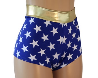 Pantaloncini Cheeky Booty a vita alta con stelle blu e bianche / Vita metallizzata oro / Taglie per adulti e taglie forti