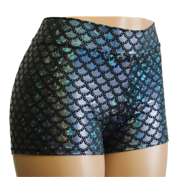 8 Colors - Mermaid High Waist Booty Shorts - Gold, Black, Silver, White, Green, Blue, Purple - Child, Adult, and Plus Sizes - Black Dragon