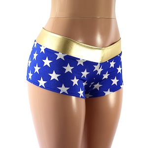 Blue and White Stars Printed Spandex with a Gold Metallic Waistband - Low Rise Cheeky Booty Shorts - Adult and Plus Sizes