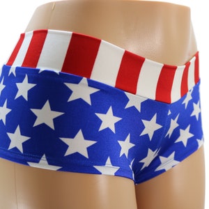 Stars Stripes American Flag USA Booty Shorts!  Low Rise and Cheeky.  Great for July 4th, Pole Dancer, Festivals, Concerts. Made in the USA!