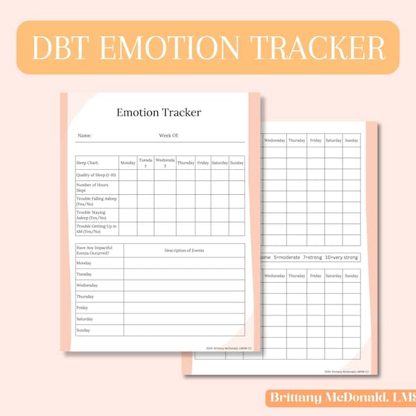 DBT Emotion Tracker, Diary Card, Emotion Planner, Skills Tracking, Emotional Regulation Worksheet, Therapy, Feelings Log, Printable Download