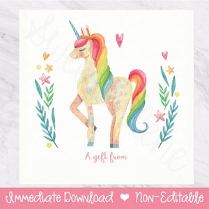 Watercolor Unicorn Gift Tags - Enclosure Cards - Girly Gift Card - Favor Tags