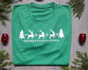 Green Christmas Short Sleeve Technical Running T-Shirt, Gift For Runner, Reindeer Print, 5K Holiday Top, Secret Santa Idea