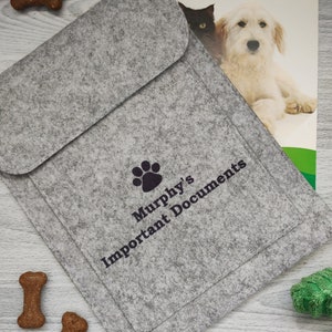 Personalised Pet Document Wallet, Felt Pet Pouch, Eco Friendly Re-Useable Dog Document Wallet With Pocket