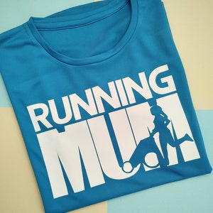 womens Buggy Running Mum T Shirt, Gift Idea for New Mum, Mum on the Run, Ladies Fit Sports Material Top For Her, Stroller Runner Shirt